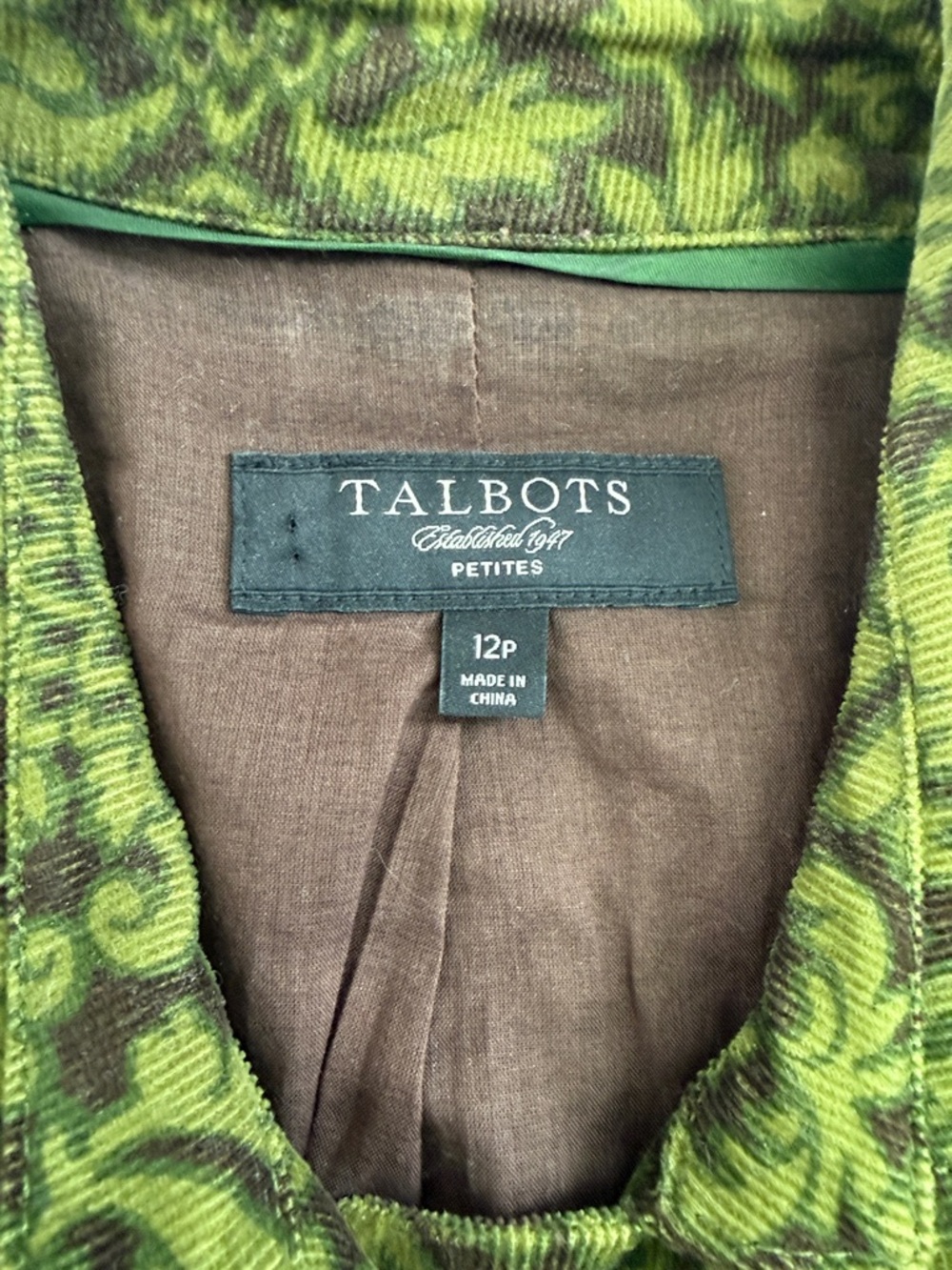 Talbots Vintage Olive Green Patterned Velvet Blazer Womens size 12P cotton - Picture 3 of 7